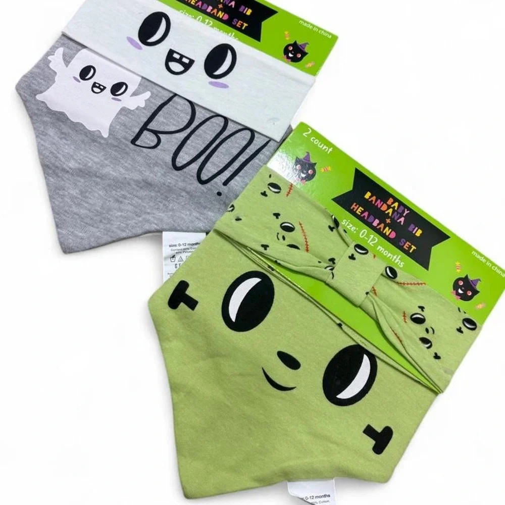 Halloween Baby Bib & Headband Set Kawaii 0-12M set of 2 ghost & Frankenstein
